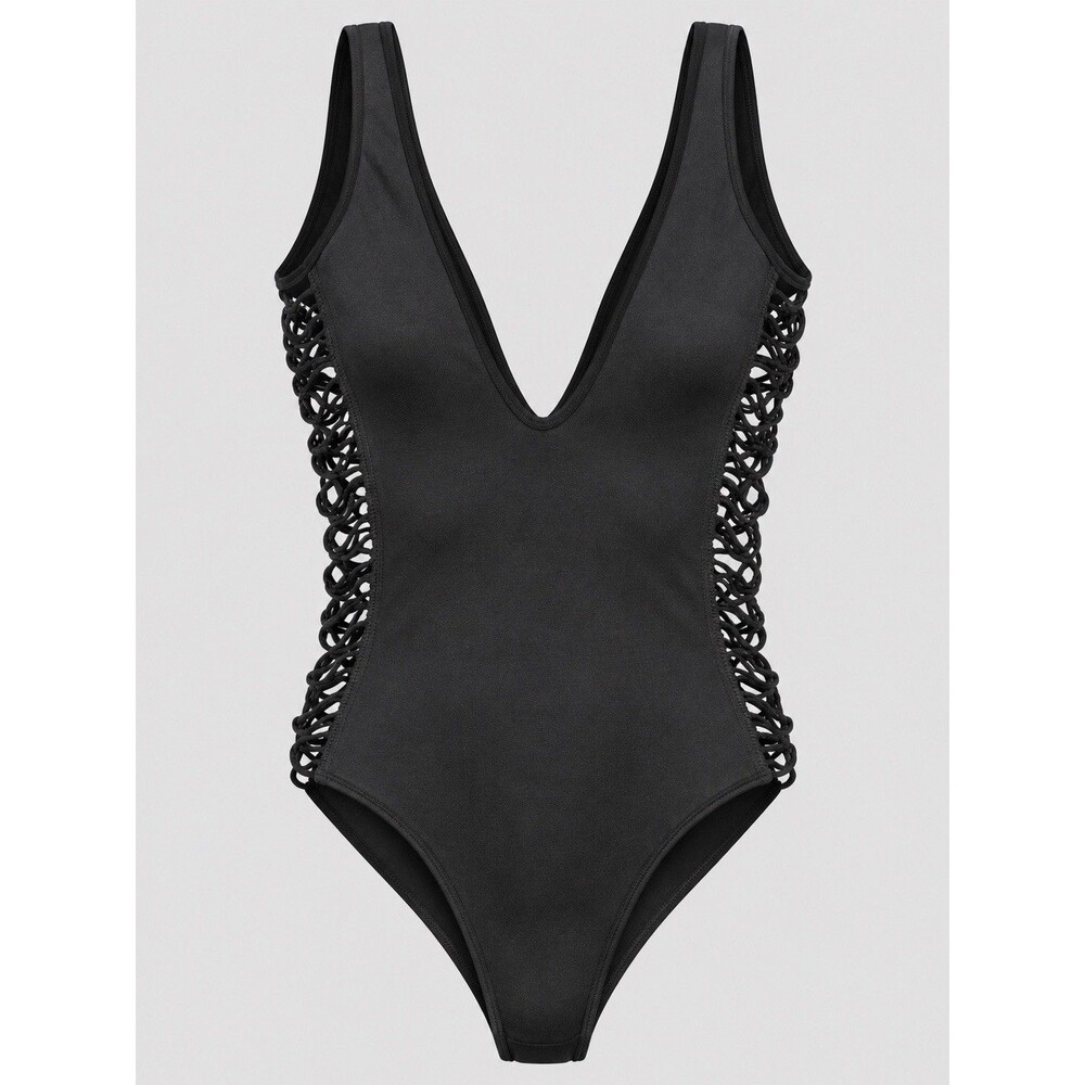 Out From Under Women’s M/L Black Macramé Side Cutout Plunge Sexy Thong Bodysuit